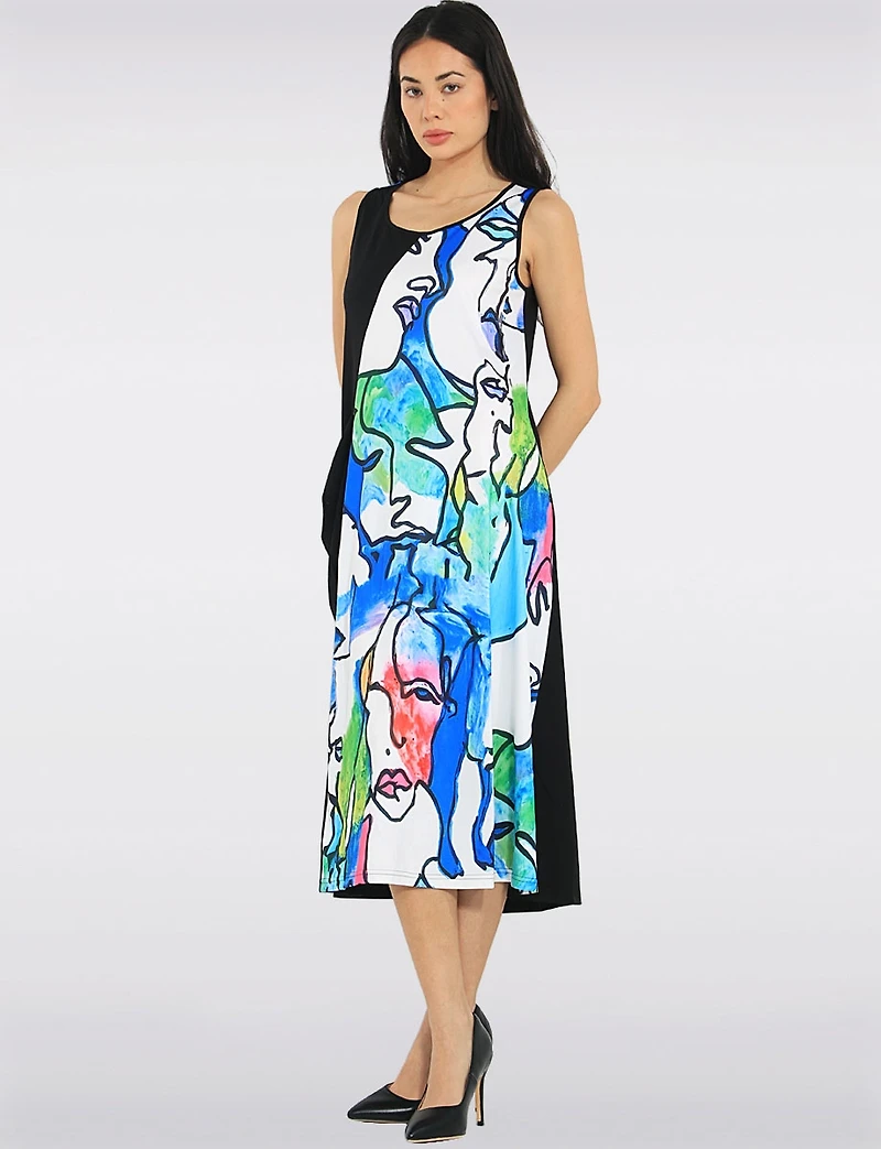 Robe Sans Manches Noire à Imprimé Abstrait de Visages par Fashion Concepts