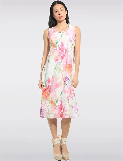 Robe Trapèze Mi-longue Sans Manches À Imprimé Floral Et Col Croisé Par Cativa