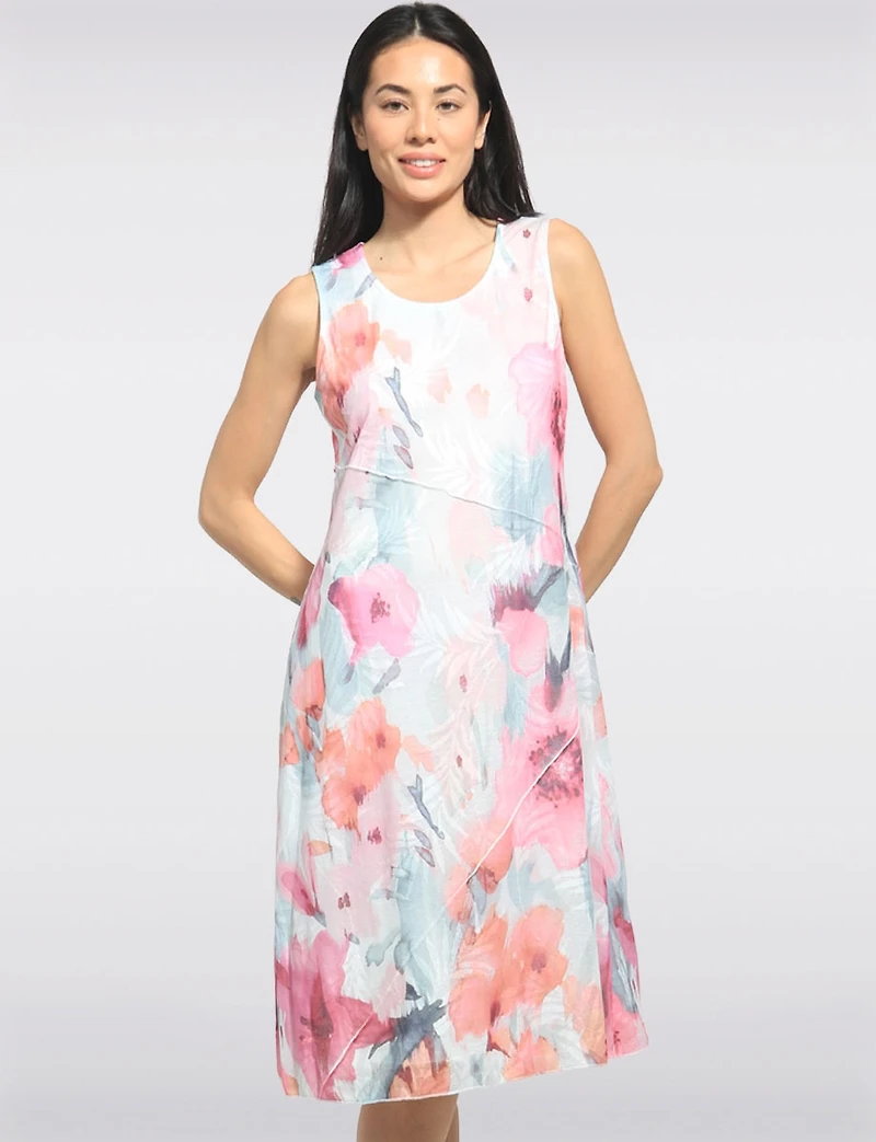 Robe Mi-longue Sans Manches Coupe Trapèze À Imprimé Floral Rose Par Cativa