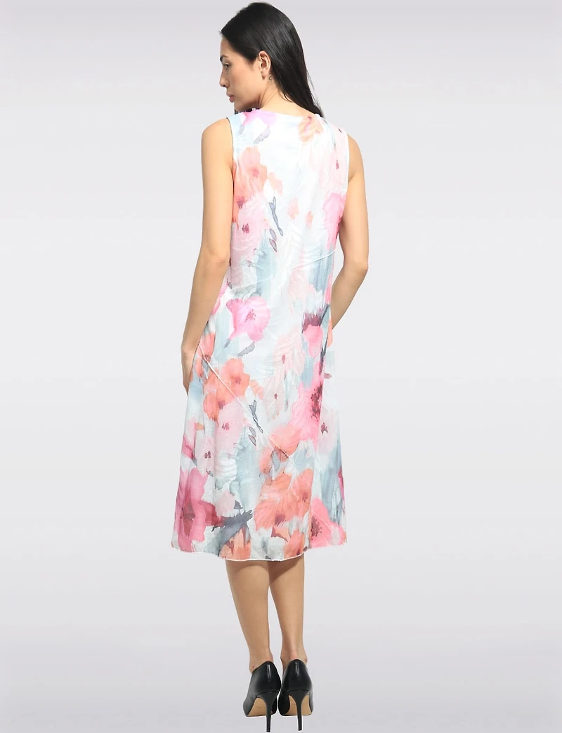 Robe Mi-longue Sans Manches Coupe Trapèze À Imprimé Floral Rose Par Cativa