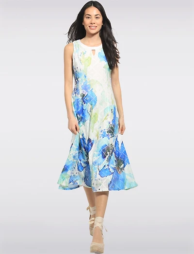 Robe Trapèze Mi-longue Sans Manches Imprimé Floral Détails en Maille Par Cativa