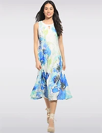 Robe Trapèze Mi-longue Sans Manches Imprimé Floral Détails en Maille Par Cativa