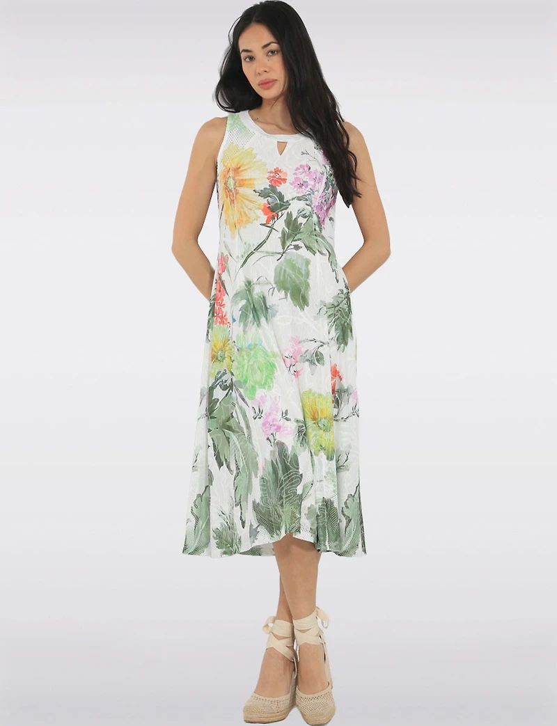 Robe Évasée Sans Manches À Imprimé Floral Vert Et Détails en Maille Par Cativa