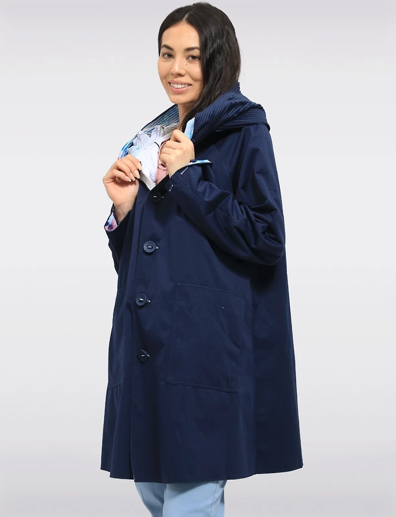 Veste Imperméable Réversible Chic Femme À Motif Floral – Col Plissé Élégant
