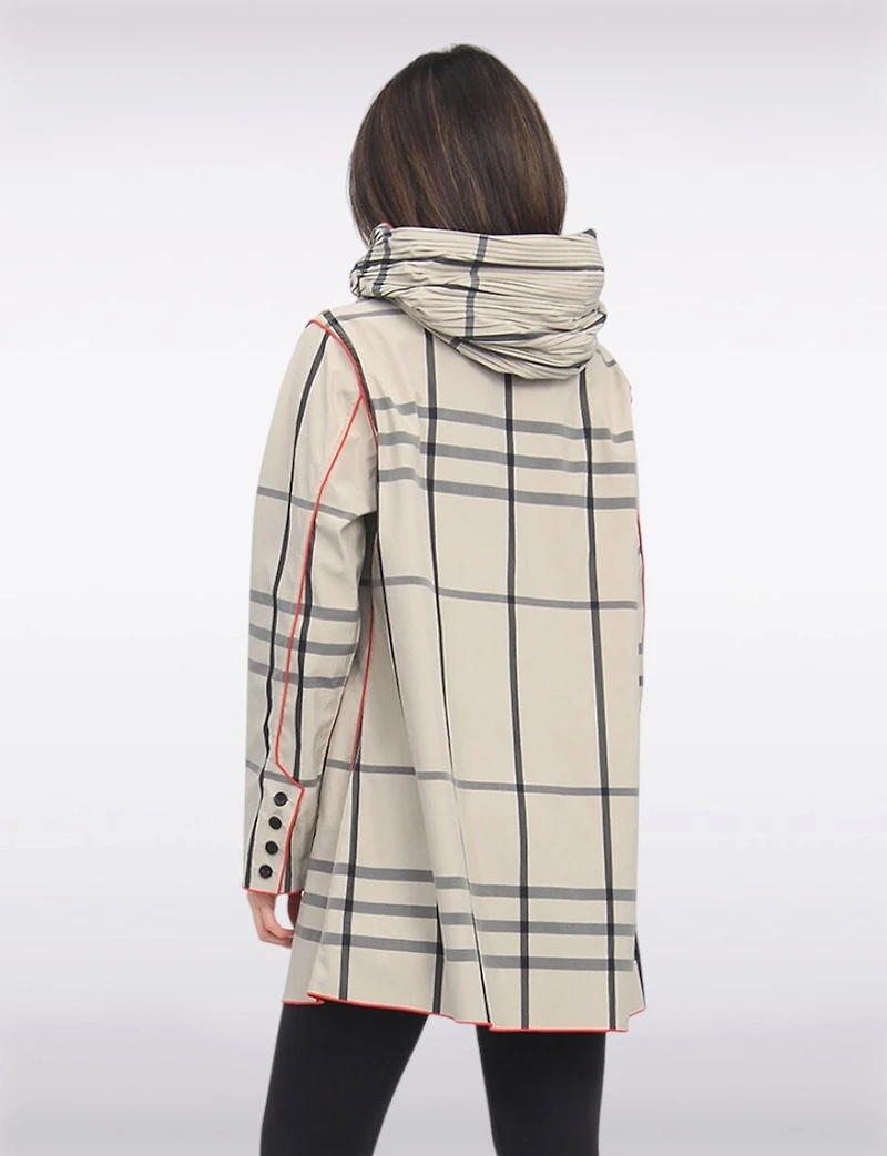 Veste Imperméable Réversible À Carreaux – Capuche Accordéon, Liseré Rouge