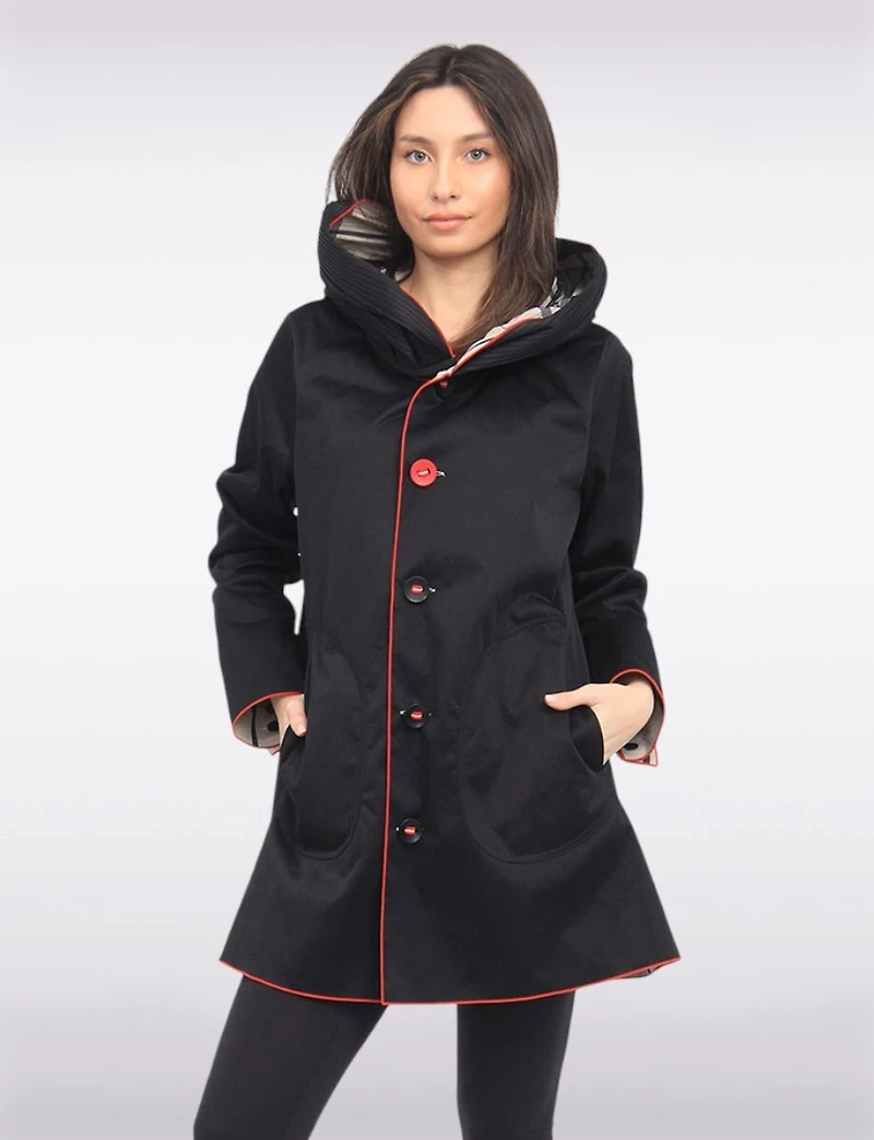 Veste Imperméable Réversible À Carreaux – Capuche Accordéon, Liseré Rouge