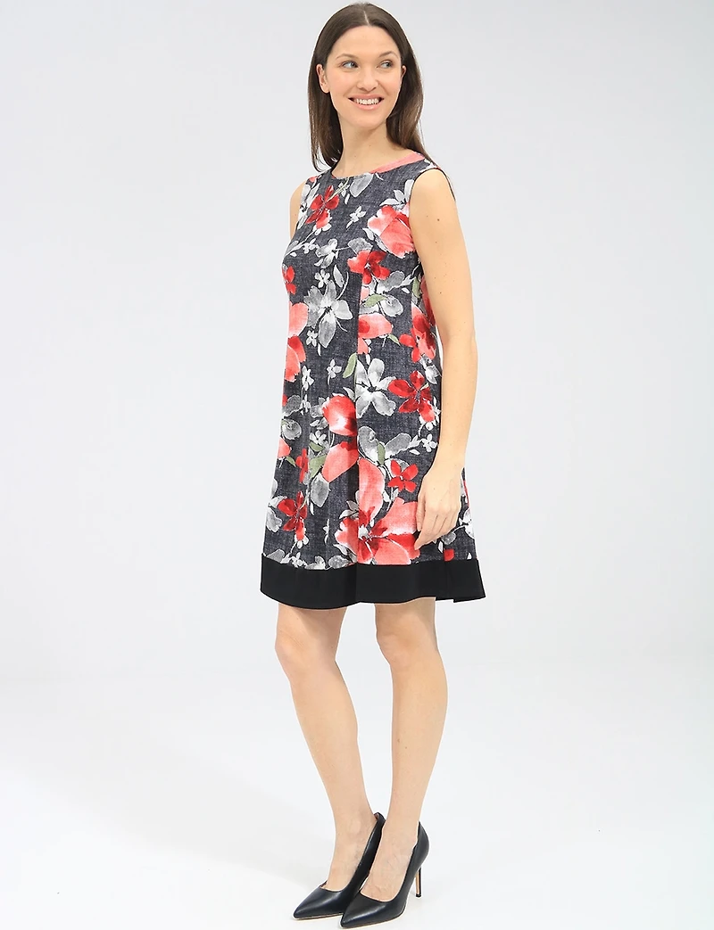 Robe Trapèze Sans Manches à Imprimé Floral Avec Ourlet Noir Contrasté par Perle