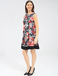 Robe Trapèze Sans Manches à Imprimé Floral Avec Ourlet Noir Contrasté par Perle