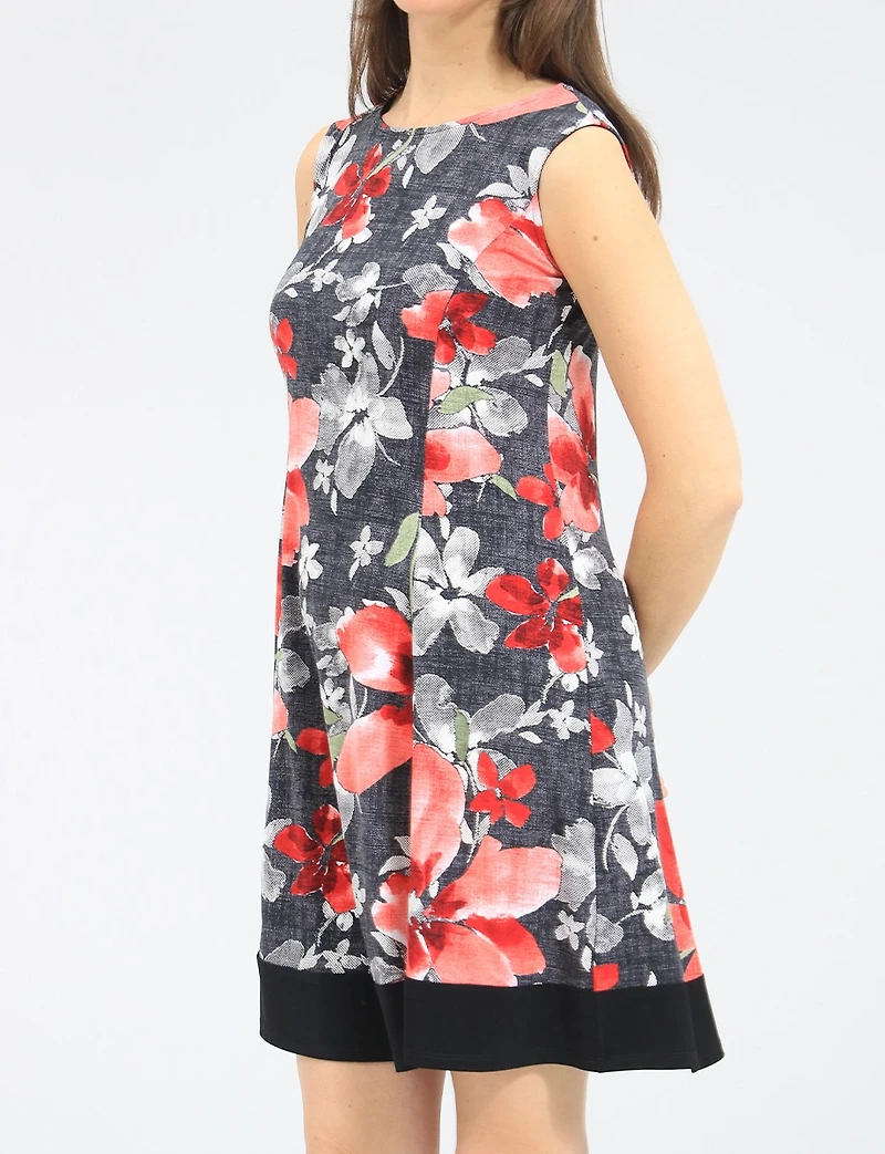 Robe Trapèze Sans Manches à Imprimé Floral Avec Ourlet Noir Contrasté par Perle