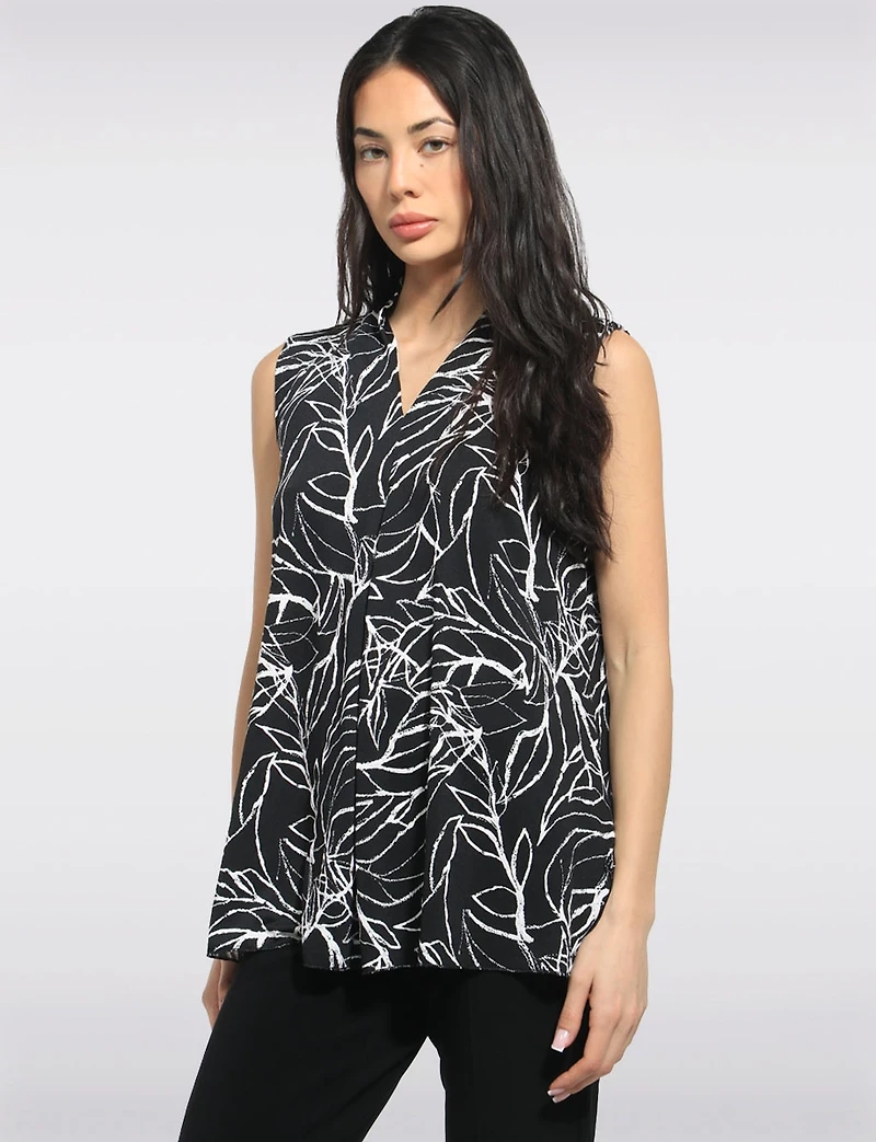 Blouse Sans Manches à Motif Floral Abstrait Col V et Pli Devant par Perle