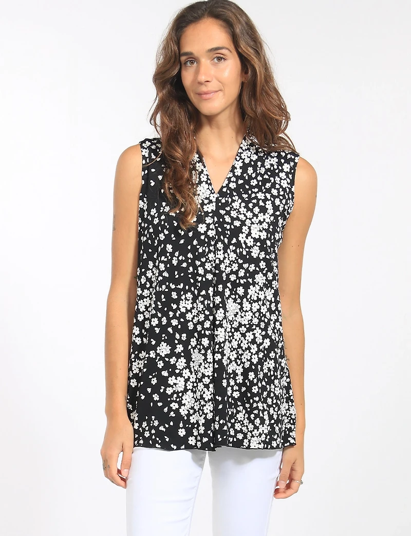 Haut N/B Sans Manches Floral Extensible avec Pli Fentes & Col V par Perle