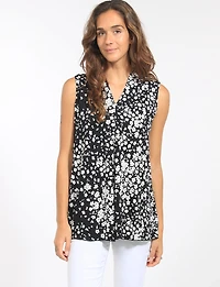 Haut N/B Sans Manches Floral Extensible avec Pli Fentes & Col V par Perle