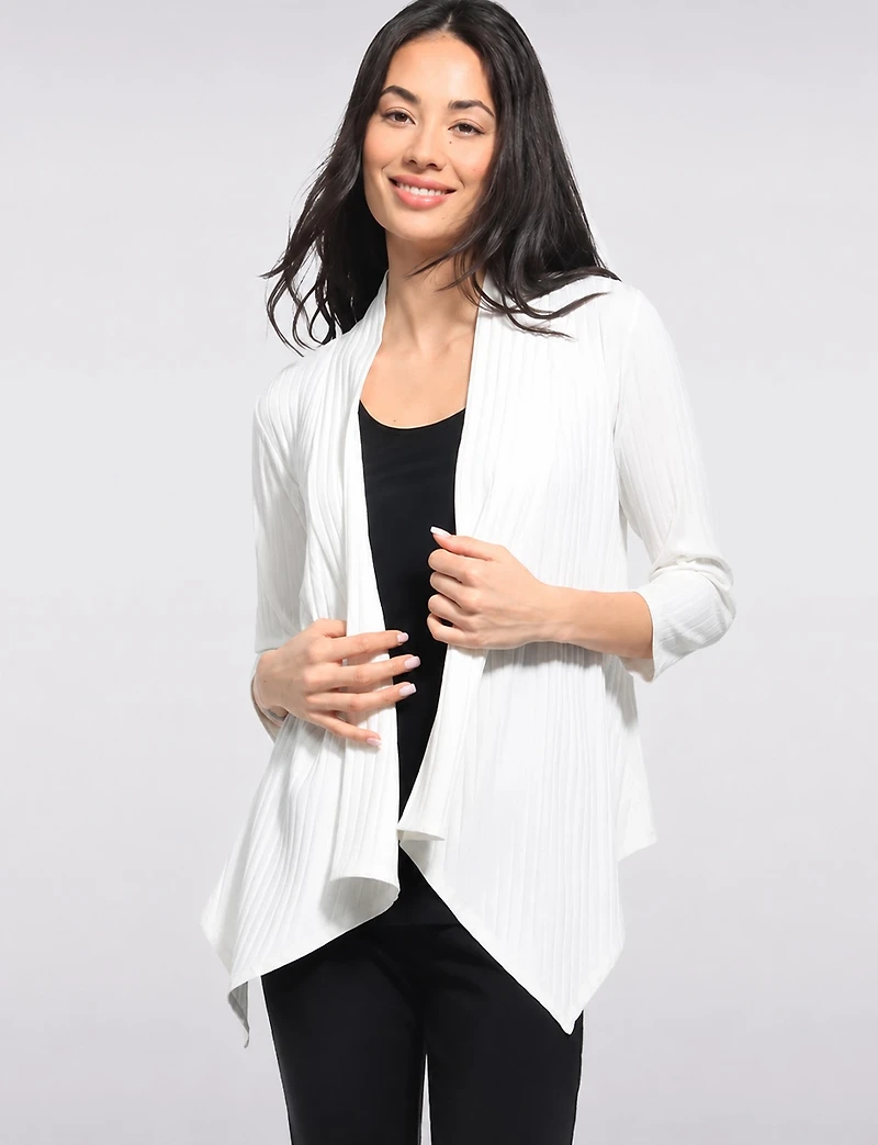 Cardigan en Tricot Côtelé Manches 3/4 Devant Drapé et Ourlet Pointu par Perle