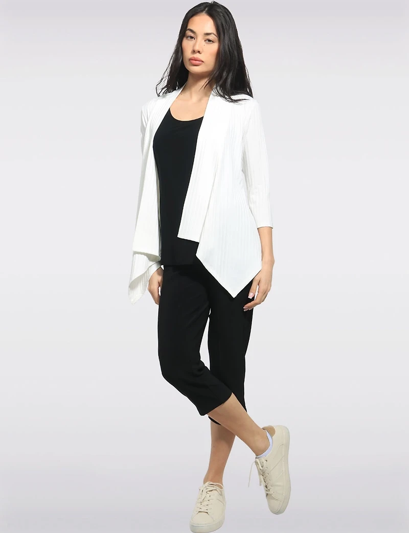 Cardigan en Tricot Côtelé Manches 3/4 Devant Drapé et Ourlet Pointu par Perle