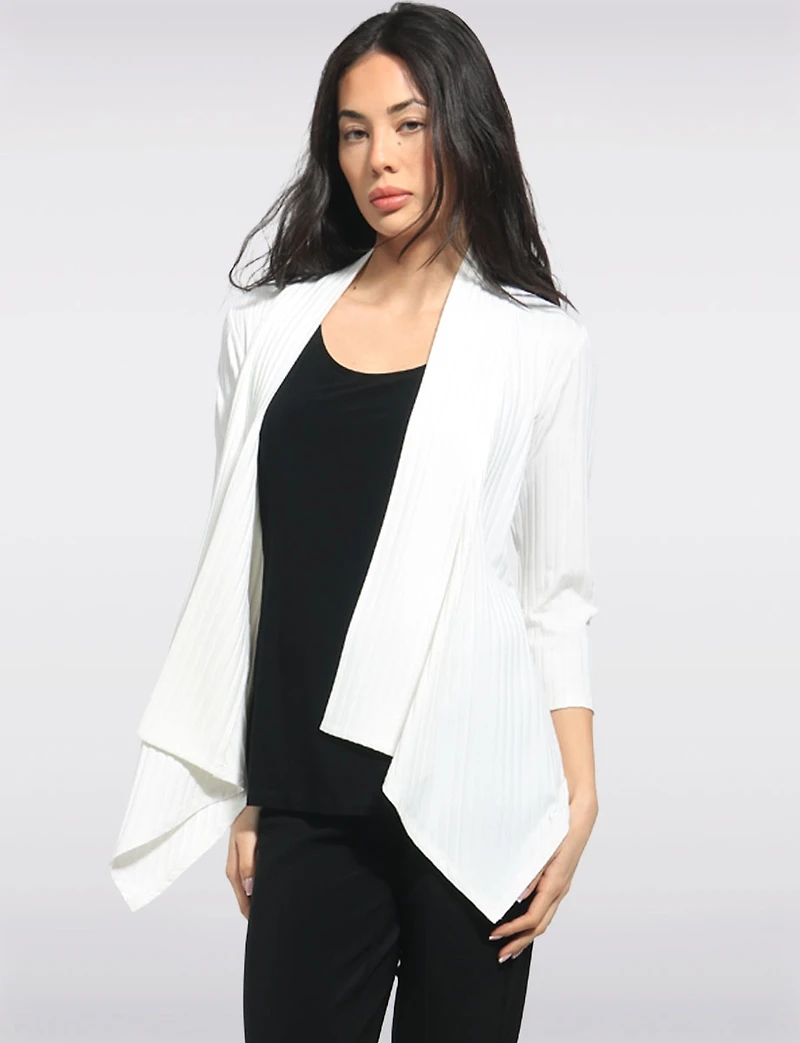 Cardigan en Tricot Côtelé Manches 3/4 Devant Drapé et Ourlet Pointu par Perle