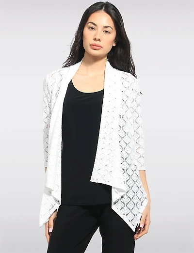 Cardigan Pointelle Crochet Devant Ouvert Manches 3/4 Ourlet Pointu par Perle