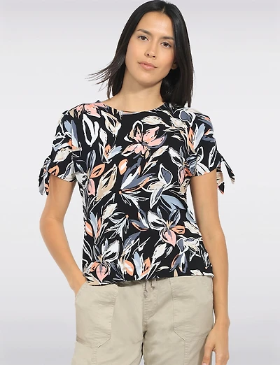 Haut en Maille à Motif Floral Abstrait Avec Liens Sur Les Manches par Perle