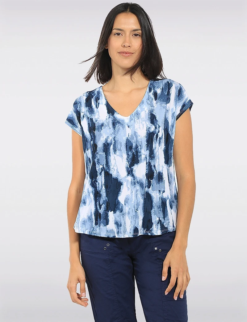 Blouse  Col en V et Manches Courtes Imprimé Abstrait Effet Tie-Dye par Perle