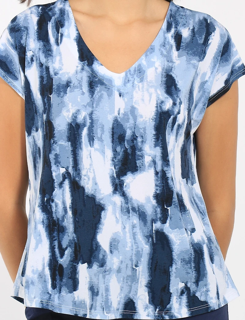 Blouse  Col en V et Manches Courtes Imprimé Abstrait Effet Tie-Dye par Perle