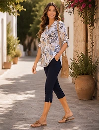 Legging Capri à Taille Élastique & Fentes Latérales Boutonnées par Perle