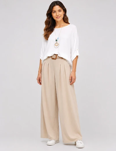 Pantalon Large Extensible Fluide avec Ceinture à boucle en paille par Froccella
