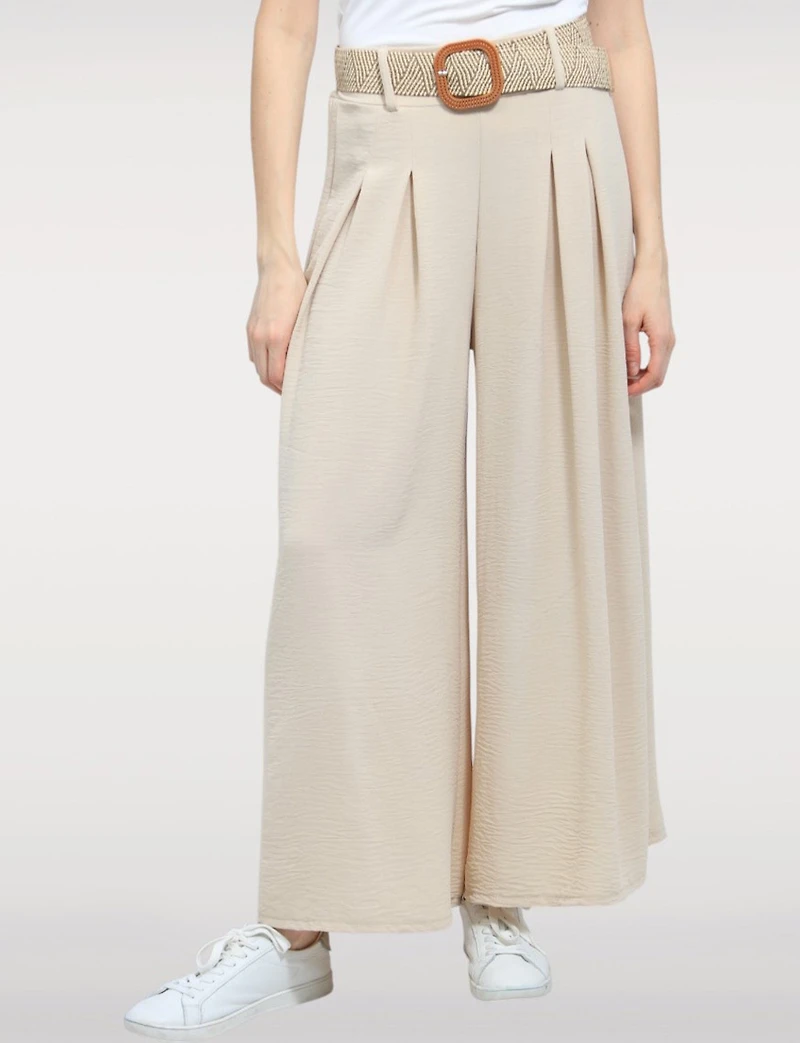 Pantalon Large Extensible Fluide avec Ceinture à boucle en paille par Froccella