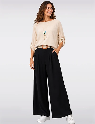 Pantalon Large Extensible Fluide avec Ceinture à boucle en paille par Froccella