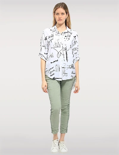 Pantalon Froissé Extensible Ajusté avec Taille Ajustable et Strass par Froccella