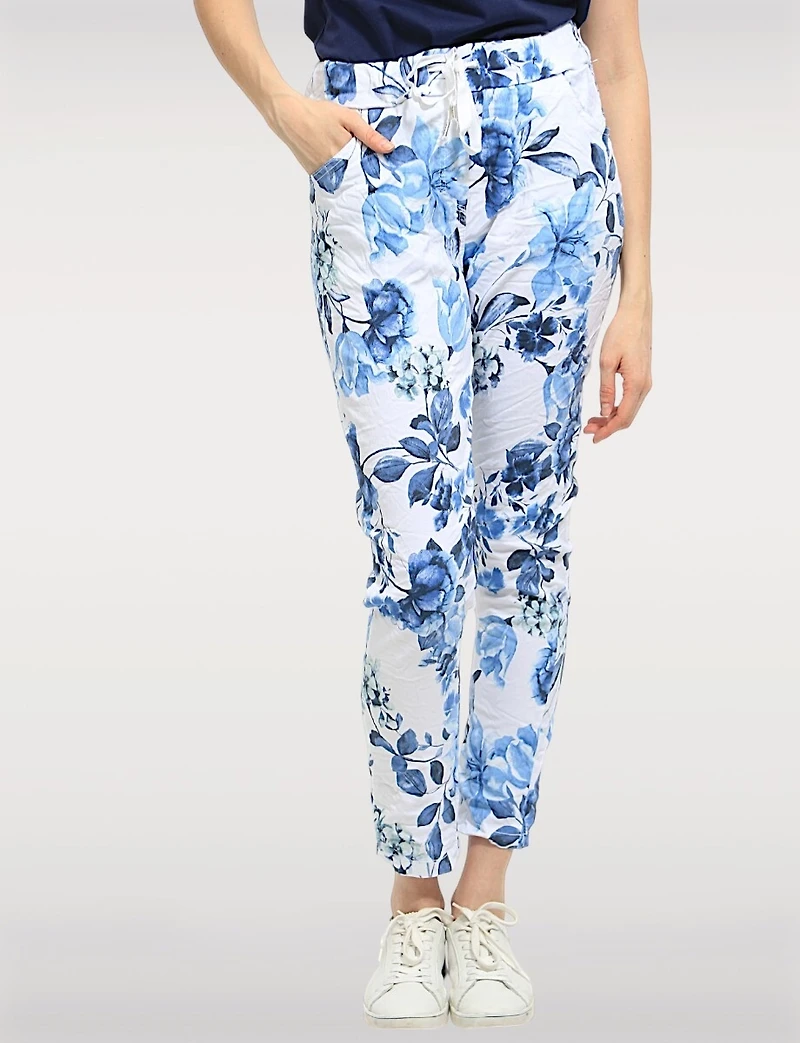Pantalon Extensible Froissé Ajusté à Fleurs avec Taille Élastique par Froccella