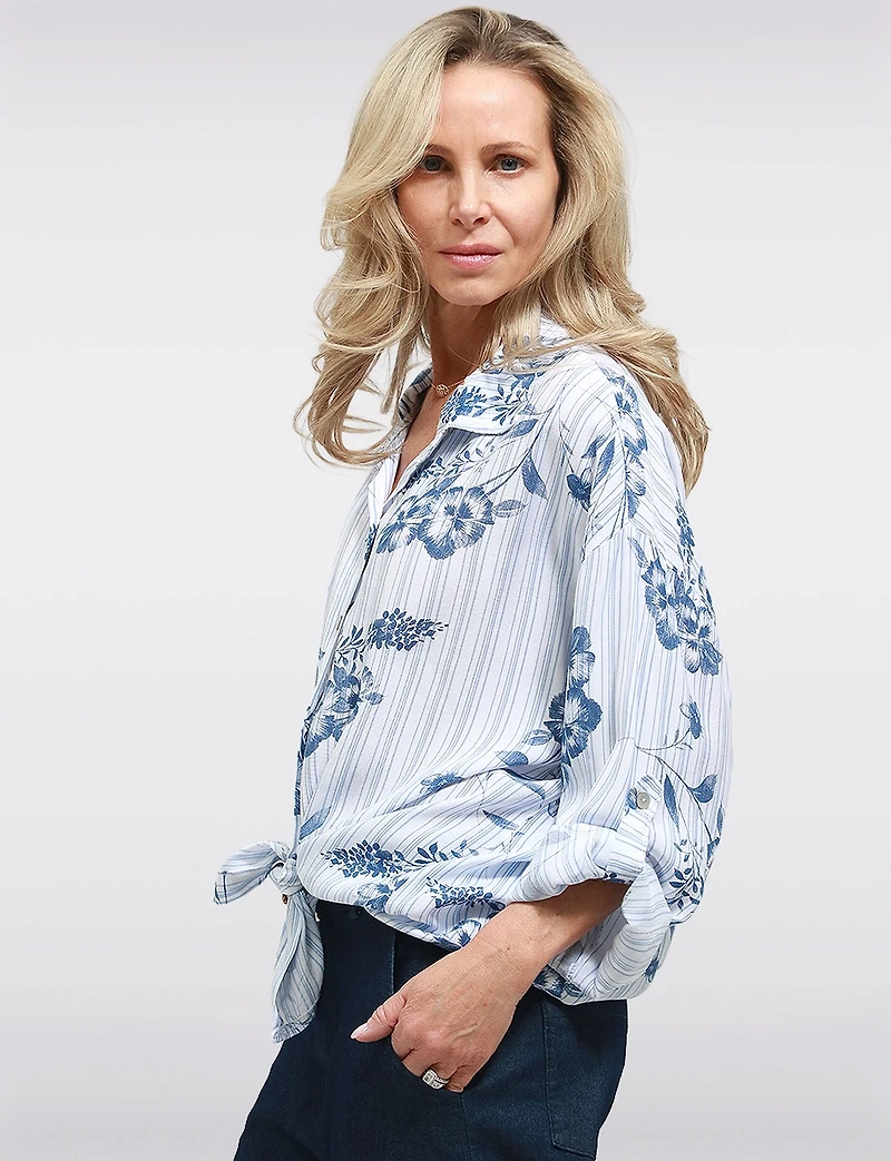 Chemisier Boutonné à Motif Floral Rayé avec Manches 3/4 Ajustables par Froccella