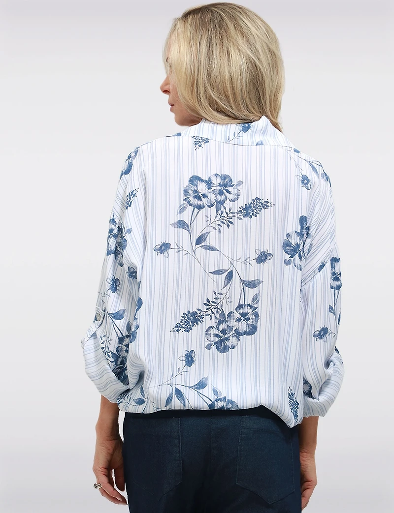 Chemisier Boutonné à Motif Floral Rayé avec Manches 3/4 Ajustables par Froccella