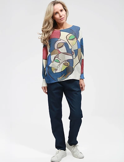 Pull Fin à Manches Dolman et Encolure Large avec Motif Abstrait par Froccella