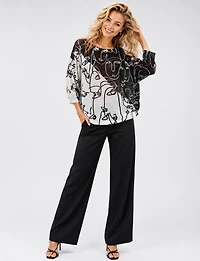 Haut Tricoté à Manches 3/4 Dolman avec Motifs Visages & Col Rond par Froccella
