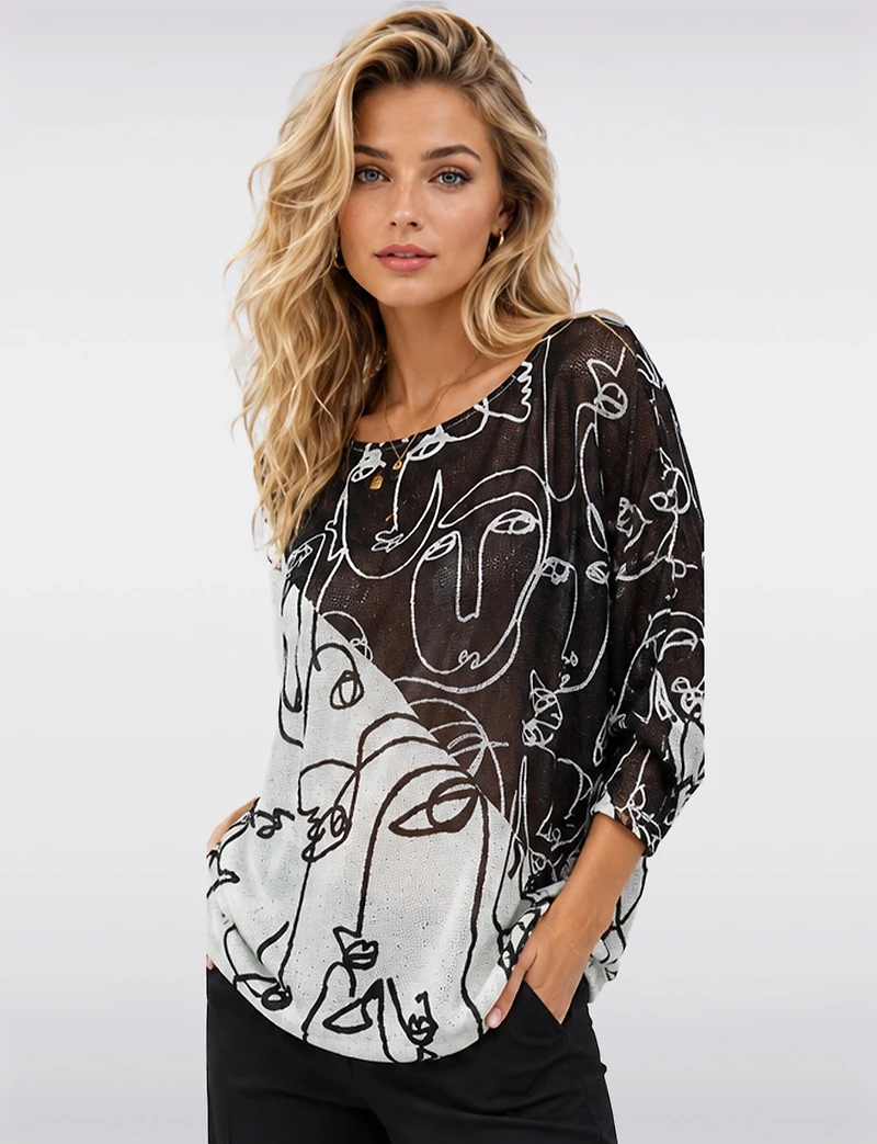 Haut Tricoté à Manches 3/4 Dolman avec Motifs Visages & Col Rond par Froccella