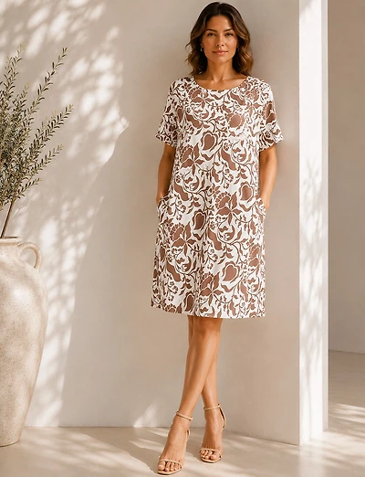 Robe Tunique Midi Froccella à Imprimé Manches Courtes, Col Rond Avec Poches