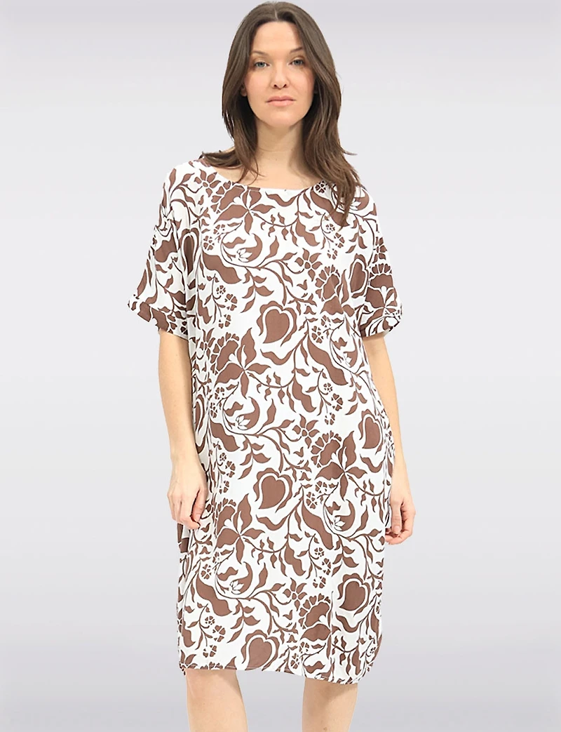Robe Tunique Midi Froccella à Imprimé Manches Courtes, Col Rond Avec Poches
