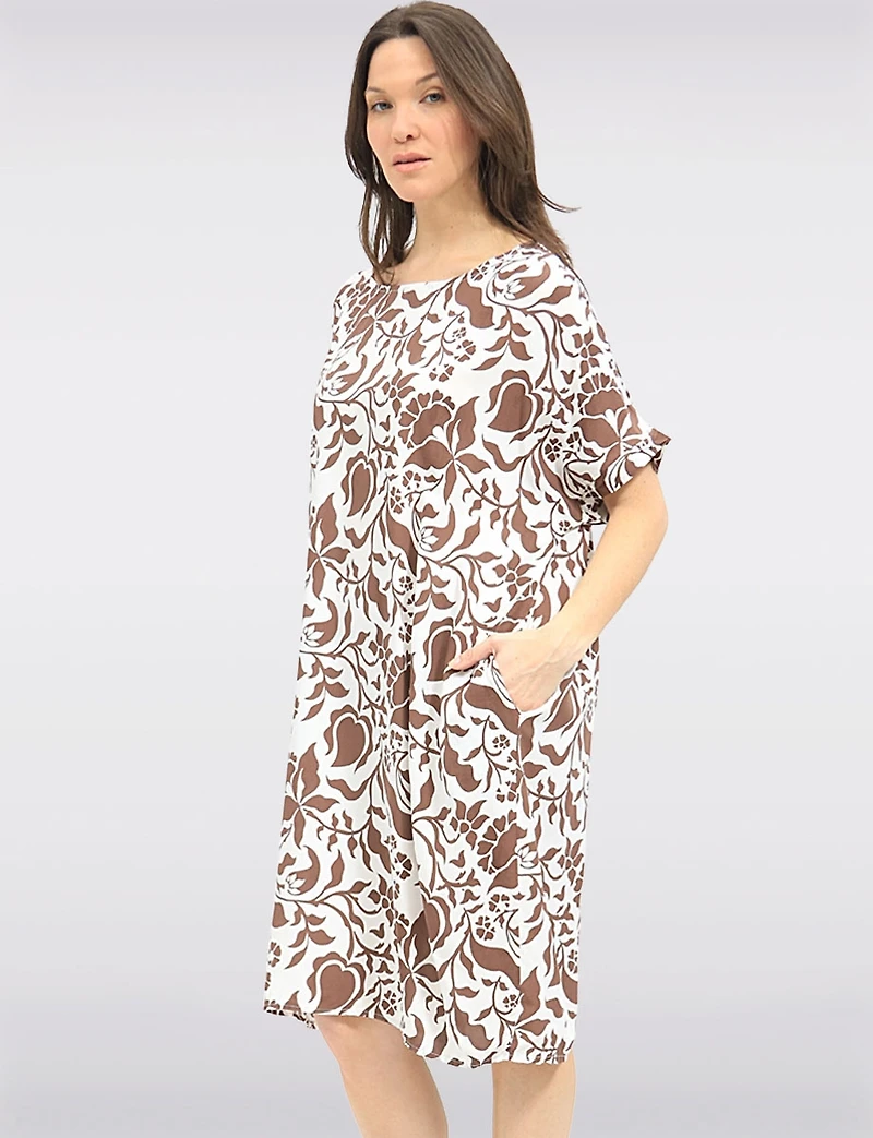 Robe Tunique Midi Froccella à Imprimé Manches Courtes, Col Rond Avec Poches