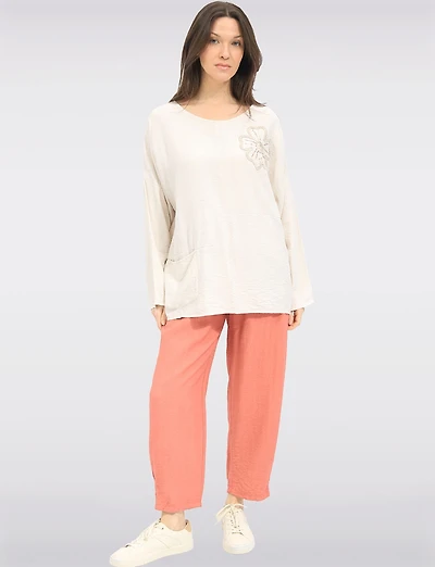 Pantalon Léger Taille Élastique avec Applique de Fleurs & Poches par Froccella