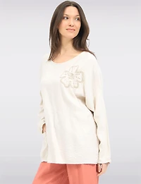 Haut Froissé à Manches 3/4 avec Appliqué Floral Strass & Poche par Froccella