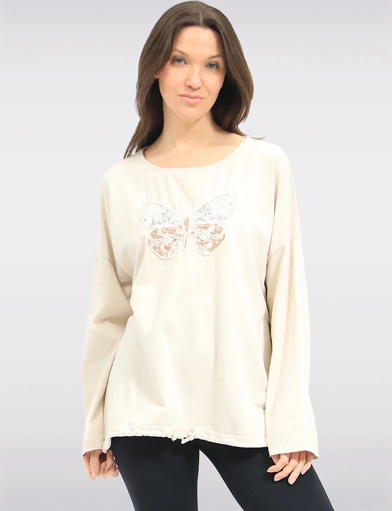 Haut à Manches Longues Broderie Papillon Strass & Ourlet Ajustable par Froccella