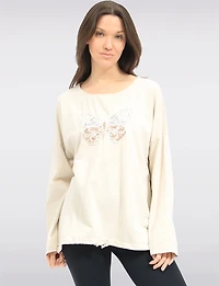 Haut à Manches Longues Broderie Papillon Strass & Ourlet Ajustable par Froccella