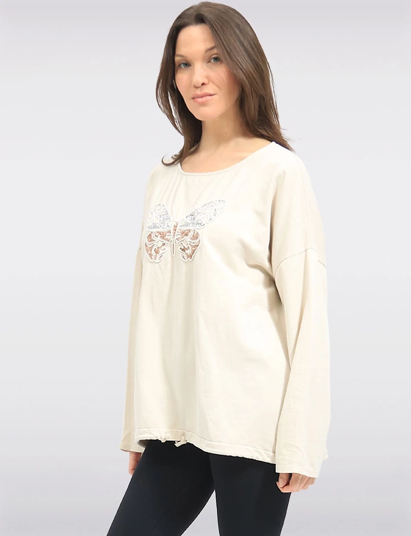 Haut à Manches Longues Broderie Papillon Strass & Ourlet Ajustable par Froccella