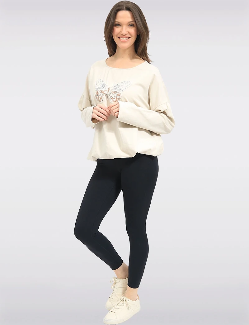 Haut à Manches Longues Broderie Papillon Strass & Ourlet Ajustable par Froccella