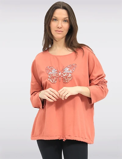 Haut à Manches Longues Broderie Papillon Strass & Ourlet Ajustable par Froccella