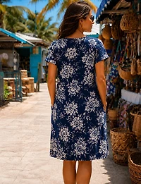 Robe Évasée Infroissable à Motif Floral Col Rond Manches Courtes par Perle
