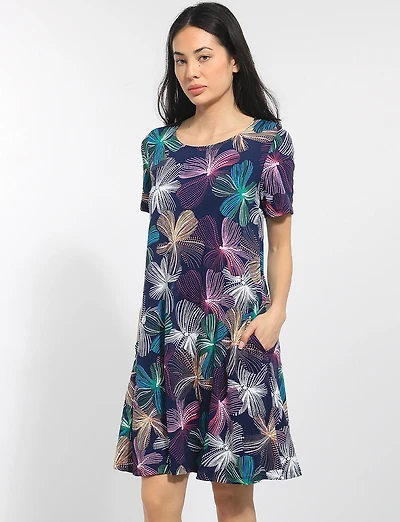 Robe Évasée Infroissable Imprimé à Manches Courtes Avec Poches par Perle
