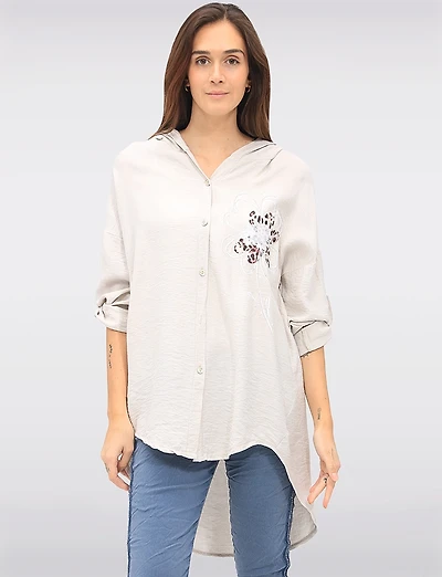 Chemise À Capuche Boutonnée Motif Floral Et Léopard Avec Strass Par Froccella
