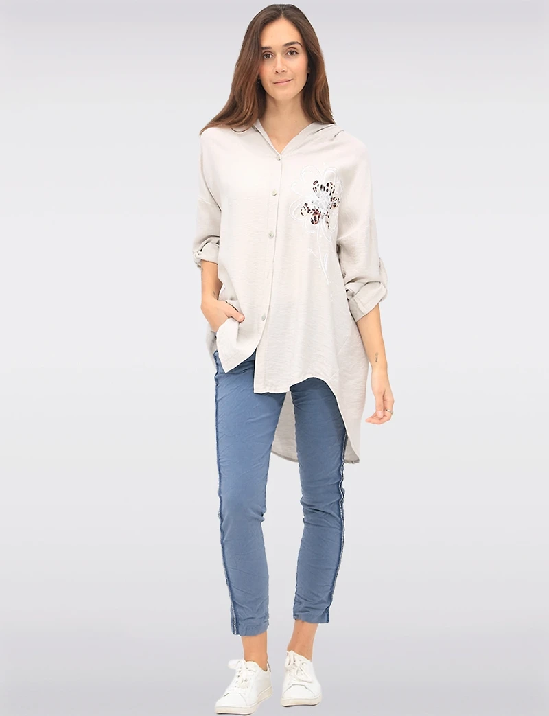 Chemise À Capuche Boutonnée Motif Floral Et Léopard Avec Strass Par Froccella