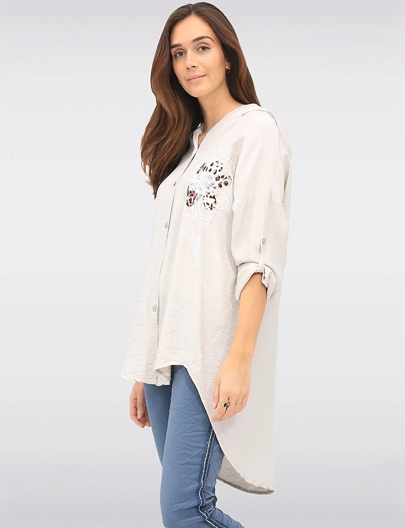 Chemise À Capuche Boutonnée Motif Floral Et Léopard Avec Strass Par Froccella