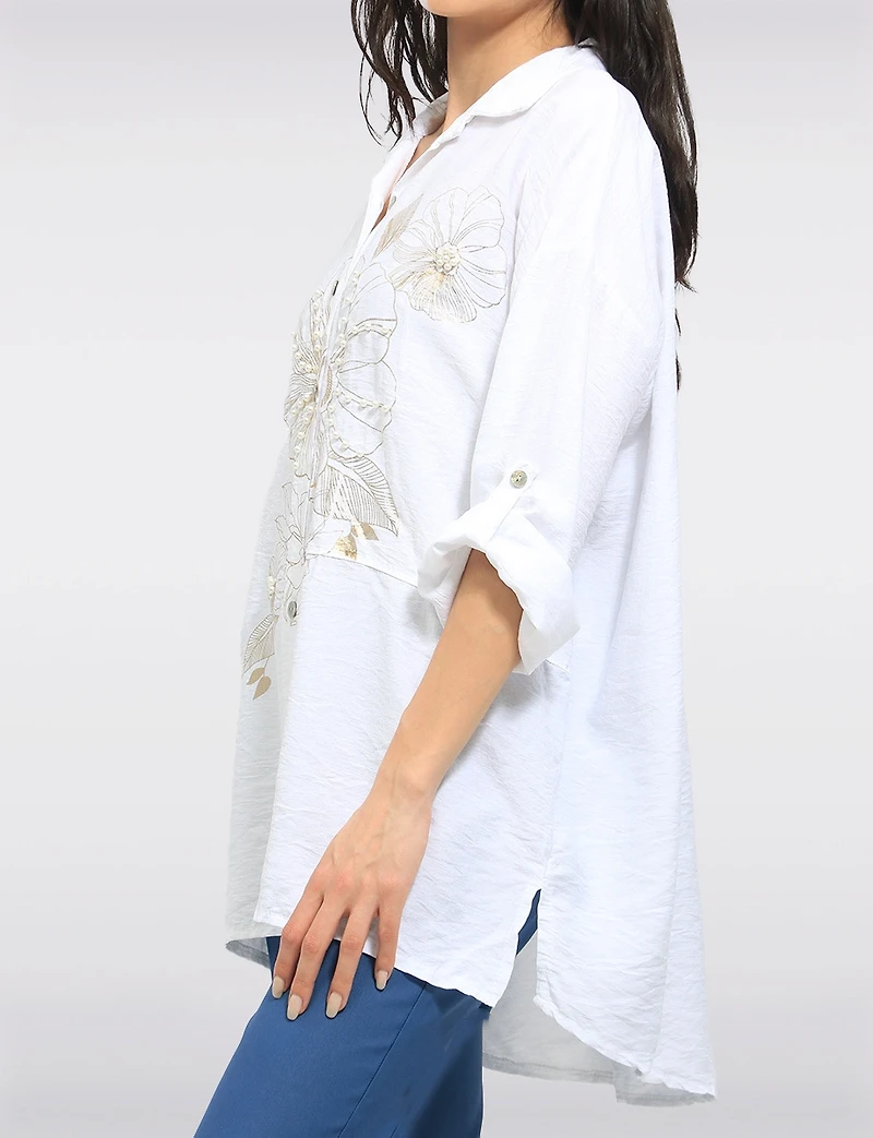 Chemise Ample À Boutons Imprimé Floral Métallisé Et Perles Par Froccella